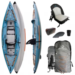 Un kayak bleu 'Spinera Tenaya' avec divers accessoires, vu de dessus, de côté et en dessous.
