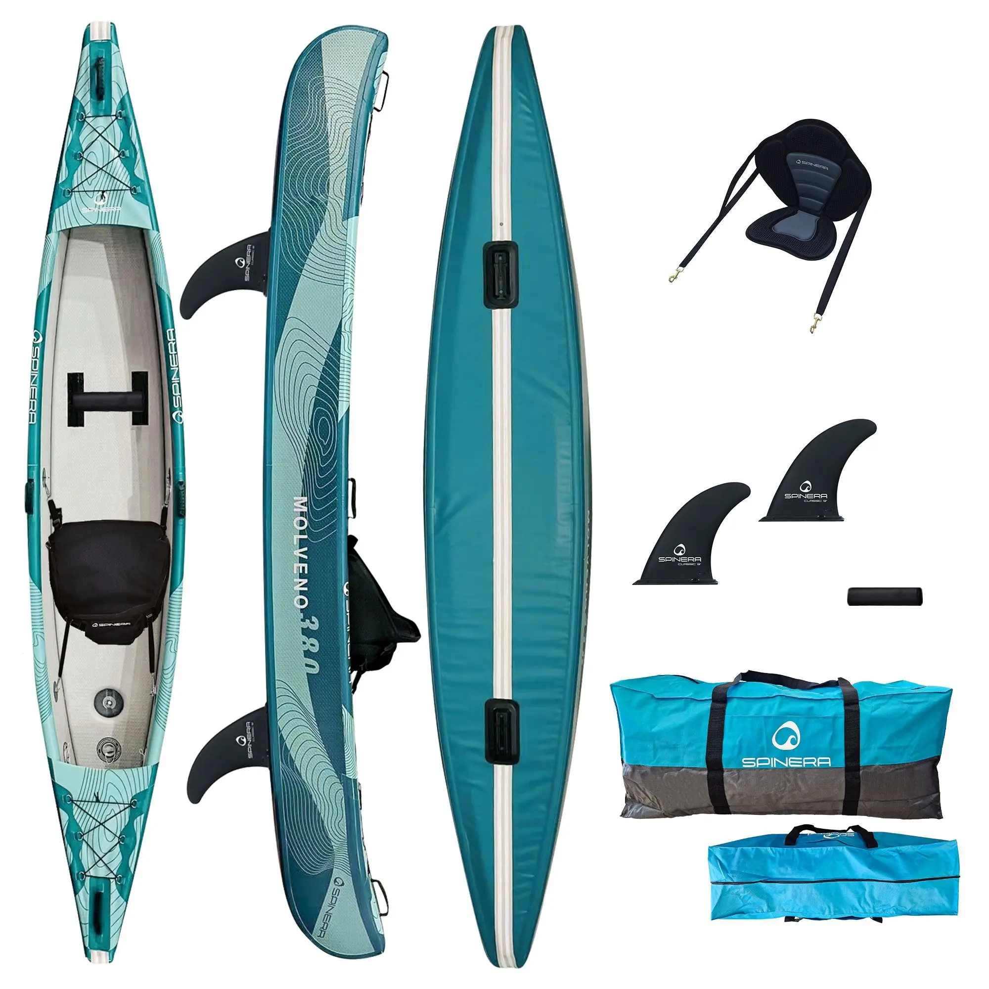 Un kayak bleu 'Molveno 380' avec divers accessoires, vu de dessus, de côté et en dessous.